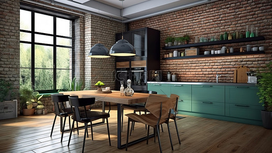 时尚的阁楼厨房和餐厅，配有砖墙绿色椅子和 3D 渲染
