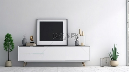 冬天水彩背景图片_现代电视柜展示在空置的起居区，带有 3D 呈现的解锁白色入口