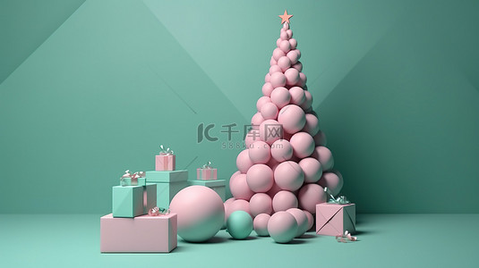 最小的 3D 设计圣诞装饰品挂在渲染的圣诞树上的礼品盒和球