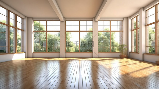 宽敞的现代大厅，配有华丽的硬木地板和令人惊叹的落地窗 3D 渲染