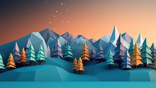 卡通雪山脉背景图片_3d 低聚圣诞景观与等距视图