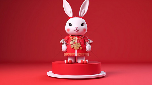 兔年大年初一背景图片_穿着中国传统服装的可爱兔子站在 3D 渲染的深红色平台上