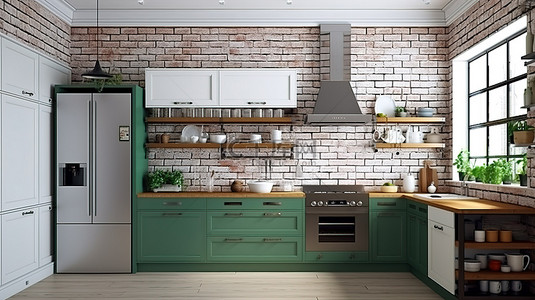 厨房背景图片_经典厨房的 3D 渲染，配有白色内部绿色冰箱和轻质砖墙
