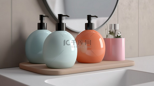 陶瓷瓶的 3D 渲染，配有浴室必需品的复制空间，包括桌面上的肥皂和毛巾