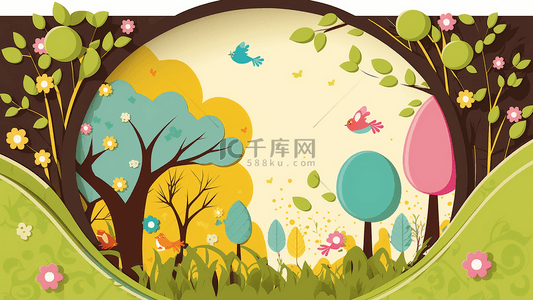 春天树木插画边框背景
