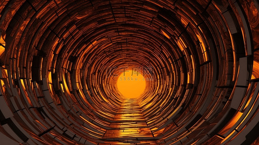 科技藍色背景图片_令人着迷的 3D 渲染，显示一条神秘的橙色照明隧道消失在未知之中