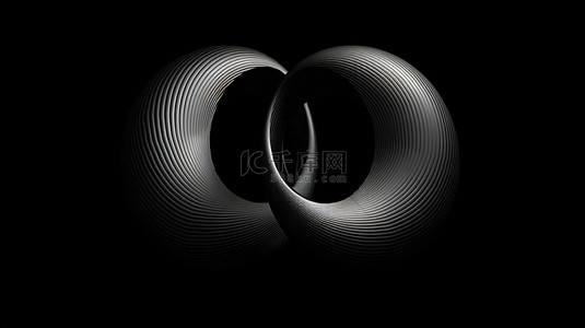 黑色背景单色 3D 插图上的双抽象圆形形式
