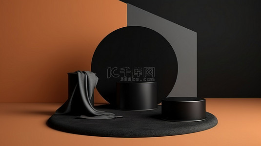 黑色背景图片_纺织背景上具有 3D 渲染的简约黑色产品讲台的顶部视图