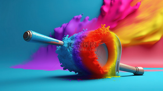 蓝色背景 3d 渲染上带有油漆滚筒的充满活力的彩虹笔画