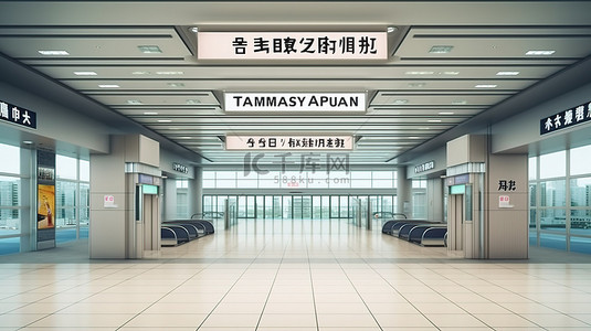 机场巴士或火车站内部国际到达区欢迎来到日本标志的 3D 渲染