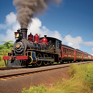 草地背景图片_红黑相间的火车沿着乡间小路行驶