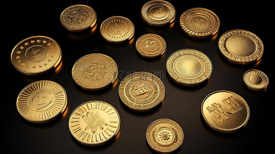 金色财富各种 3d 渲染硬币在银行和金融插图的不同位置