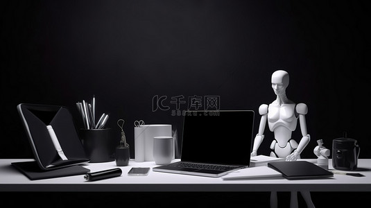 办公桌文具背景图片_黑色桌面工作区的 3d 插图，具有数字平板电脑笔记本电脑文具娃娃和充足的复印空间