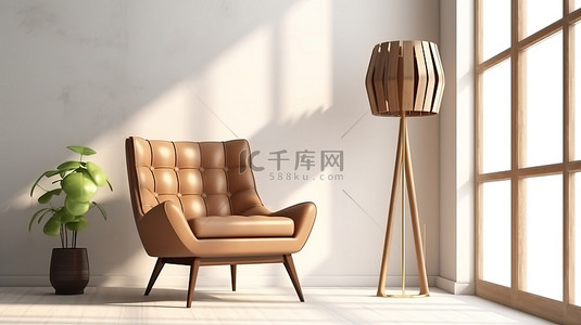 浅色室内 3D 渲染木窗棕色扶手椅和落地灯和谐相处