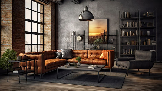 时尚背景背景图片_现代阁楼客厅的时尚 3D 渲染，配有深棕色皮革和黑钢家具