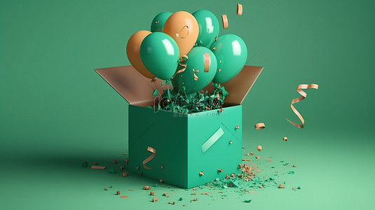 生日对折贺卡背景图片_生日庆祝活动的极简主义 3D 插图彩色气球和五彩纸屑从绿色背景上标有数字 4 的礼盒中爆炸