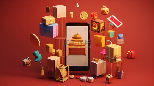 手机背景图片_带有促销图标的电子商务和智能手机购物应用概念的 3D 渲染插图