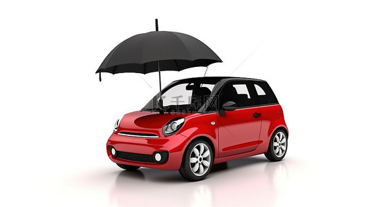 汽车保险和红伞的 3d 渲染，用于在白色背景下隔离的车辆保护