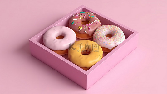 甜美简约背景图片_包装在盒子中的简约甜甜圈设计的等距 3D 渲染