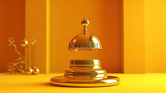 酒店服务背景图片_高架金色酒店服务铃装饰有抽象圆圈，背景是使用 3D 渲染技术创建的充满活力的黄色背景