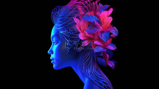 紫外线和粉红色的易洛魁人花瓣以醒目的 3D 插图装饰女性头部的轮廓