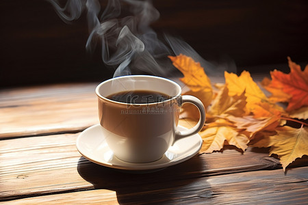 茶叶子背景图片_木桌上有叶子的旧咖啡杯