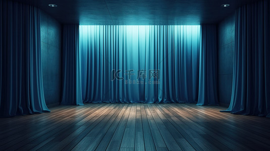 电影院舞台背景背景图片_sedat seven 的 3d 渲染中的镶木地板和蓝色电影院窗帘