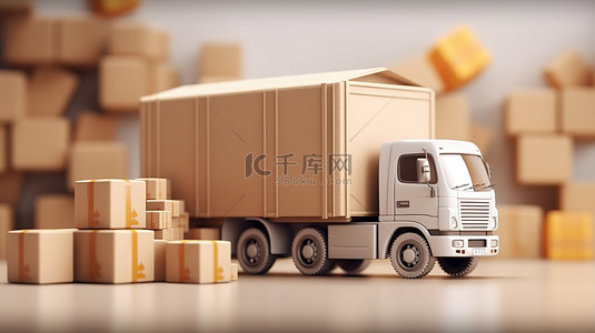 物流公司背景图片_公司订单的运输和交付 卡车上装运箱的 3D 渲染图像