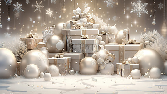 银色 3D 节日背景装饰着米色讲台礼品盒和圣诞球，庆祝新年