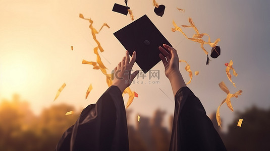 毕业生帽背景图片_一只手扔毕业帽的 3d 插图，象征着学校毕业生的成就