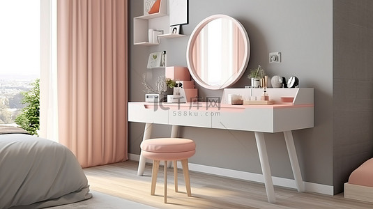 梳妆台背景图片_现代卧室的现代 3D 渲染，配有时尚的梳妆台和椅子