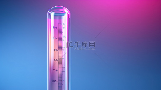 蓝色背景与双色调粉色抽象天气玻璃温度计的 3D 渲染