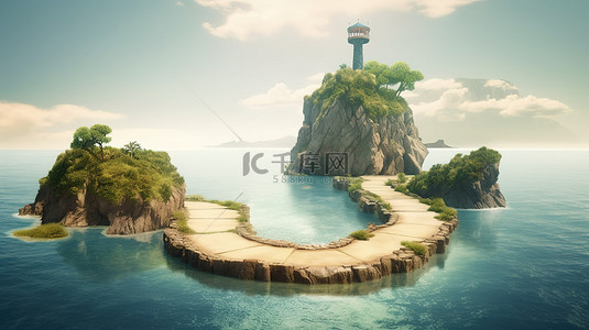 3D岛屿逃生浮路瀑布和海洋风景