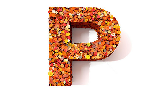 3d 渲染大写字母 p 与白色背景上的橙色水磨石图案纹理