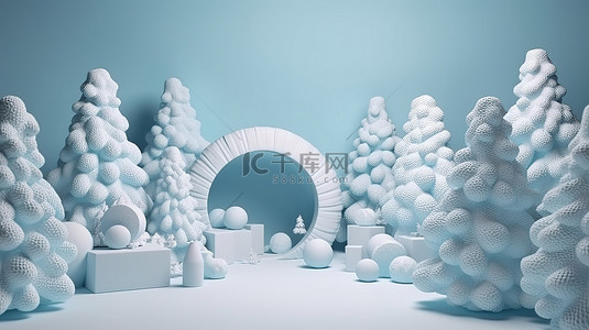 冬季的树背景图片_圣诞仙境 3d 场景，圆形讲台糖果拱门和雪覆盖的树，带礼盒