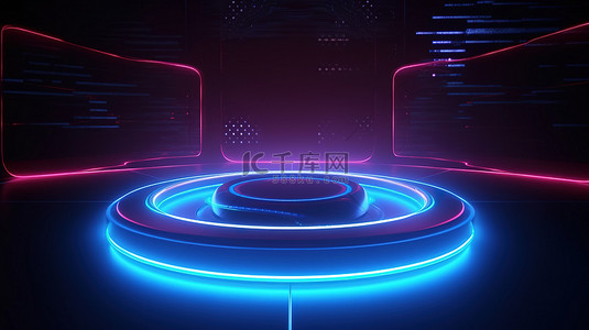 圆圈背景图片_用于科幻舞台演示或派对的带有 LED 灯和激光效果的未来派 3D 渲染霓虹灯圈的插图