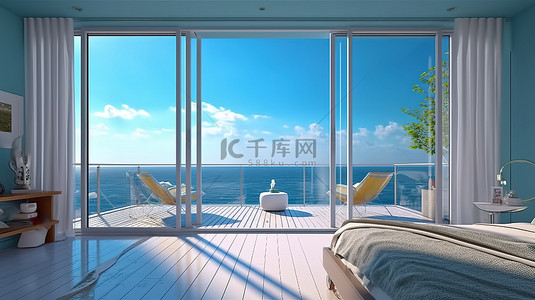 现代阳台房，拥有迷人的海洋和天空景观 3D 渲染