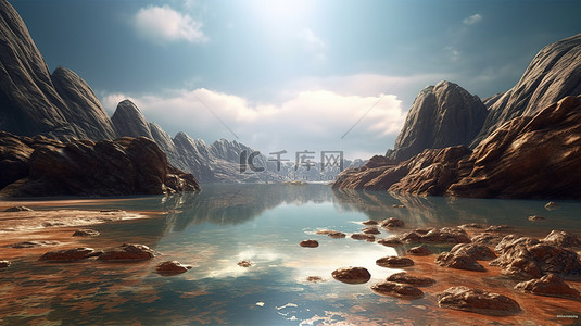 钻戒倒影背景图片_火星的壮丽景色 3D 渲染，具有海洋山脉洞穴阳光反射水域薄雾和天空