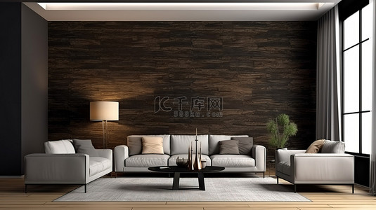 现代休息室，配有 3D 渲染的黑棕色墙壁背景