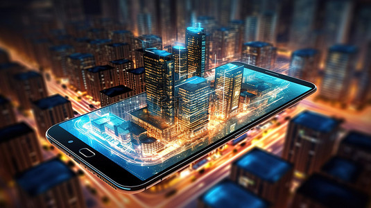 未来智能城市，未来 3D 渲染中的发光智能建筑和智能手机