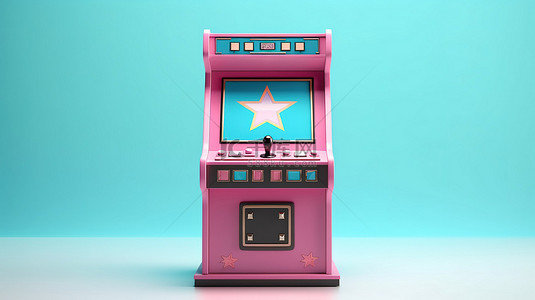 粉色海报模板背景图片_复古星形粉色和蓝色背景，适合您在游戏机上的设计，并以 3D 呈现空白屏幕