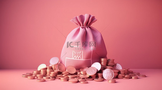 粉红色背景，带有 3D 渲染的钱袋和代表储蓄投资利润的堆叠硬币
