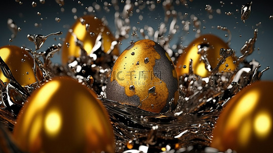 沉浸在金色油漆飞溅中的复活节彩蛋的三维描绘