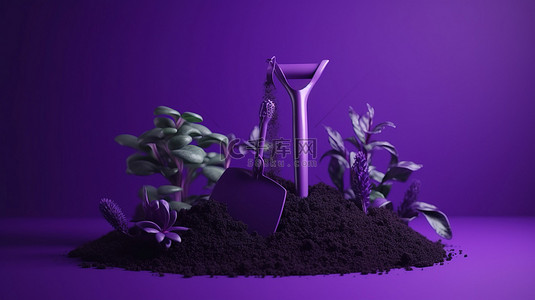绿叶小植物背景图片_园艺要点用紫色隔离和工具在肥沃的土壤上种植小植物的 3D 渲染