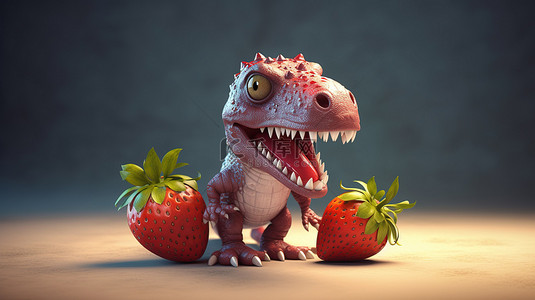 卡通水果草莓背景图片_侏罗纪咯咯笑草莓背着3D恐龙插画