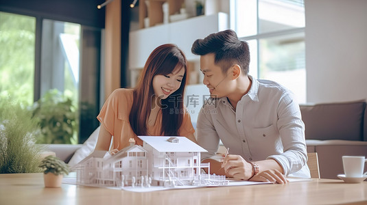 快乐的夫妇与设计师合作制作梦想家园的 3D 模型和草图