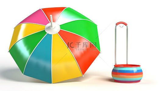 白色背景上充满活力的 3D 海滩配件彩色伞沙滩球和救生圈