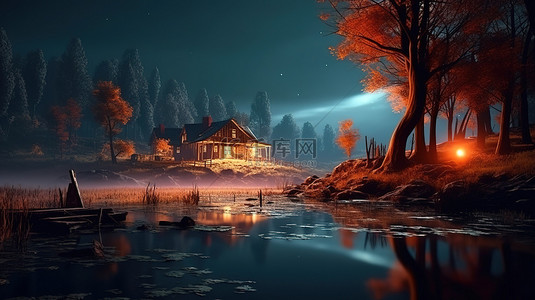 宁静的秋夜月光下的自然令人惊叹的 3D 插图