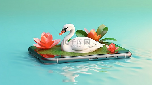天鹅漂浮的 3D 插图，带有复制空间，通过智能手机描绘暑假预订