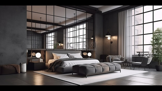 酒店背景图片_带现代沙发和 3D 渲染镜面墙的豪华卧室套房